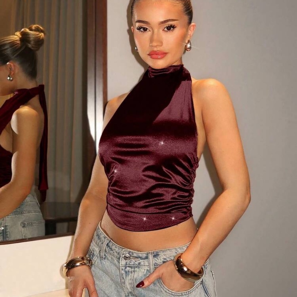 Relinas Reddish Brown Color Satin Halter Neck Backless Top,Elevated Elegance